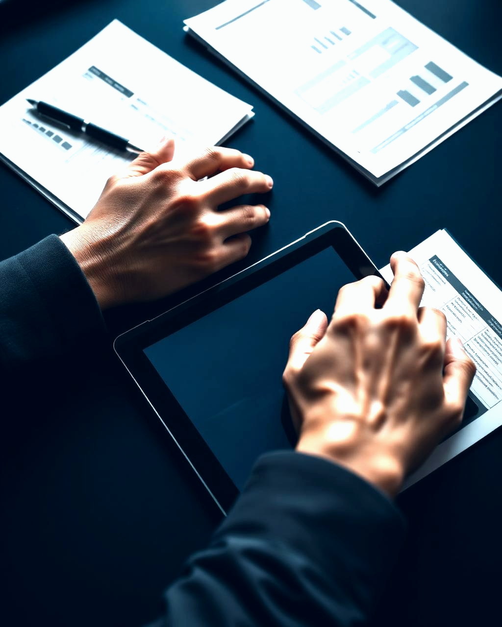 Overhead view of hands working through property performance reports on a tablet
