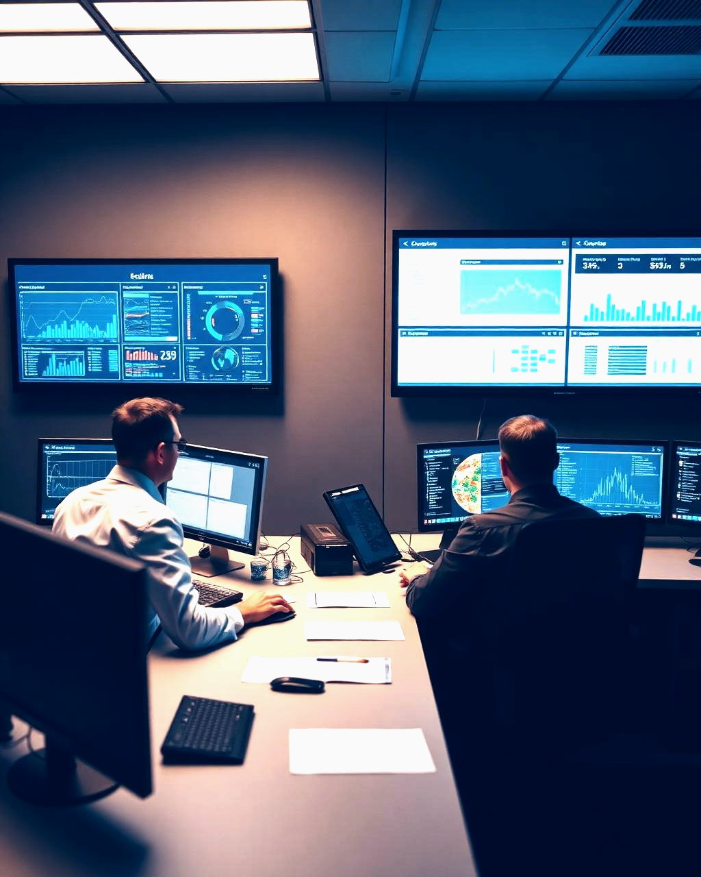 Operations team monitoring portfolio performance dashboards on wall-mounted screens