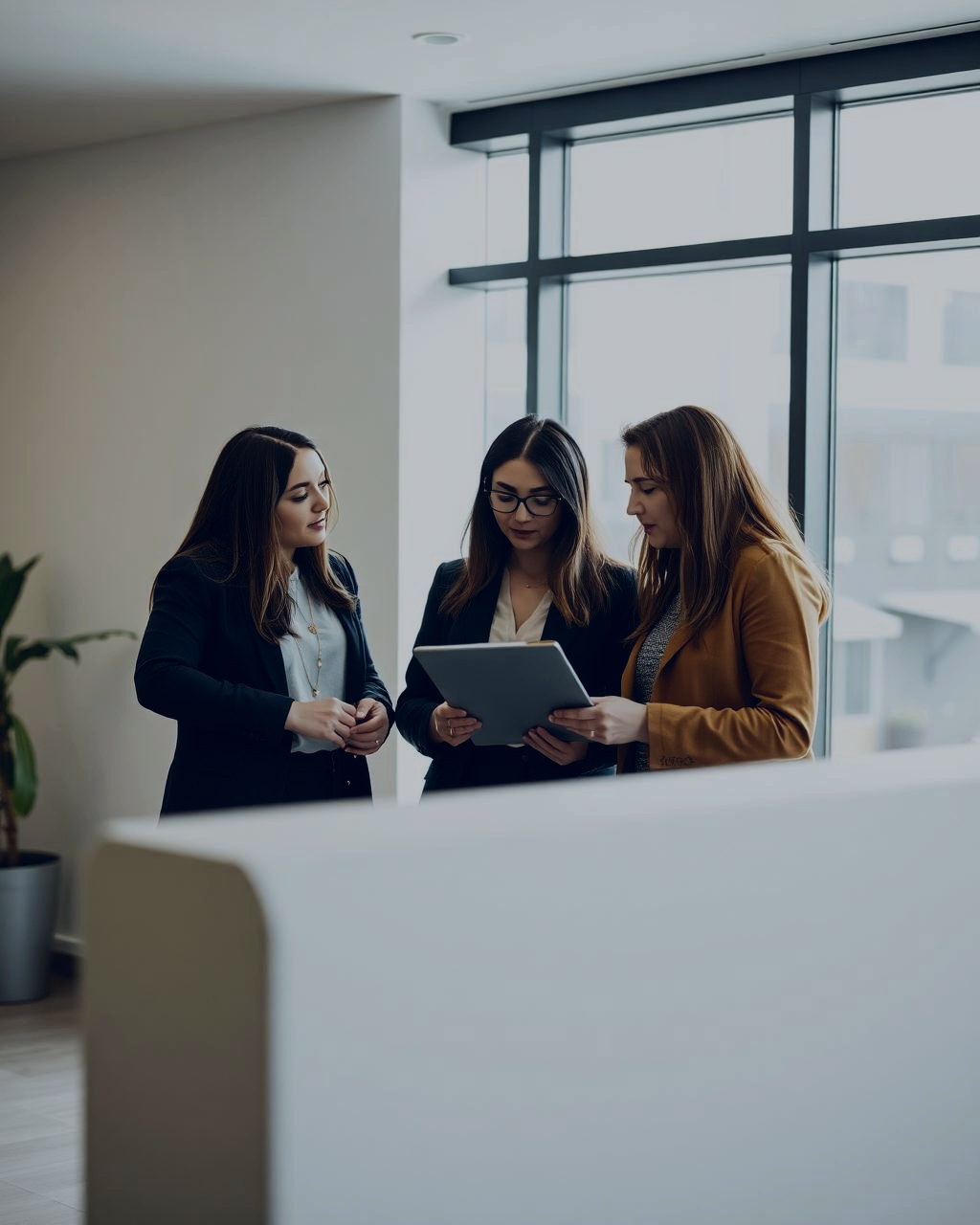 Three property management leaders reviewing a tablet together beside office windows