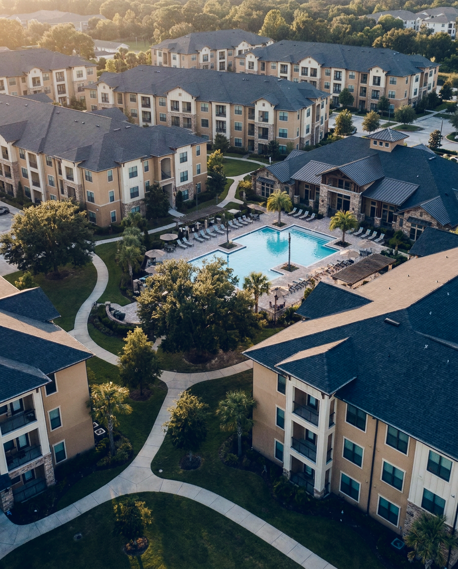 Aerial view of a modern multifamily community at golden hour